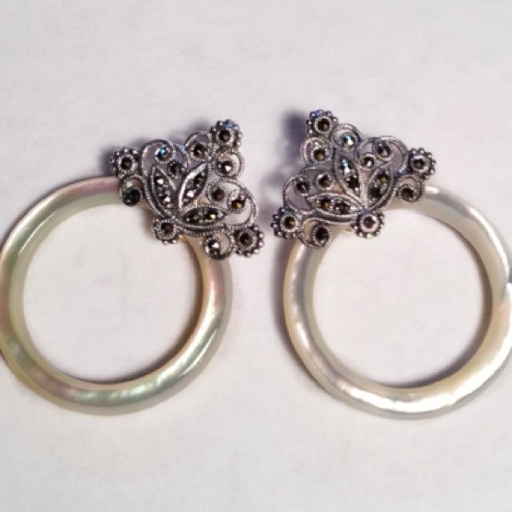 Mother of Pearl, 925 Sterling Silver Marcasite post earrings. made in Thailand.